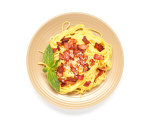Plate with tasty pasta carbonara on white background