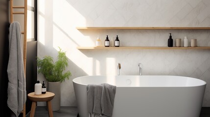 Modern minimalist bathroom design interior, white calming color palette