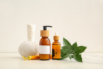 Set of spa supplies on white background