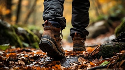 Leaves crunching beneath boots on a hike
