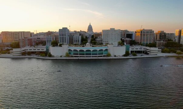 Downtown Madison Wisconsin Monona Terrace during sunset autumn drone footage 