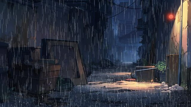 Downtown alley, midnight, rain, water puddle, anime loop animation
