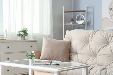 Stylish white sofa and coffee table with magazines in living room