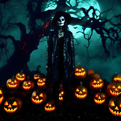 halloween costume and background with pumpkins