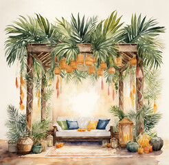 Jewish Sukkah With Palm Leaves And Paper Decorations Watercolor Illustration For Sukkot Holiday
