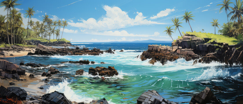Beautiful seascape panorama with palm trees, rocks and turquoise ocean. Digital oil color painting illustration.