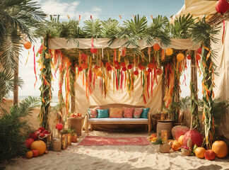 Jewish Sukkah With Palm Leaves And Paper Decorations Watercolor Illustration For Sukkot Holiday
