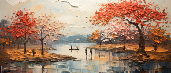 Autumn landscape with lake, trees and boat. Digital oil color painting illustration.