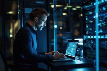 A young Caucasian man with a tablet computer stands in the middle of a server room. Collection and storage of large amounts of data. Checks the operation of servers and automation.