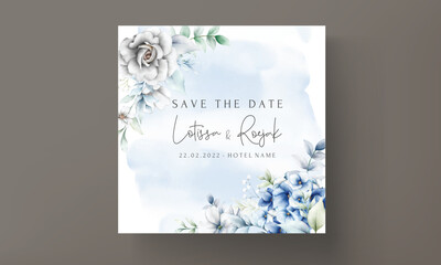 wedding invitation card with blue and grey floral