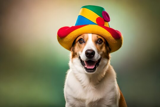 cute portrait of an adorable dog wearing a clown hat