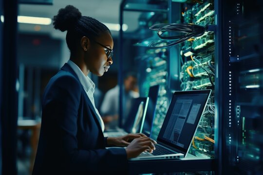 A young African American woman with a tablet computer stands in the middle of a server room. Collection and storage of large amounts of data. Checks the operation of servers and automation.