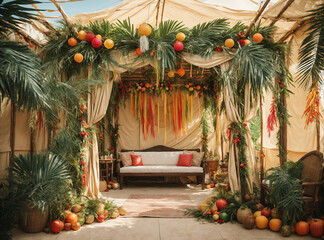 Jewish Sukkah With Palm Leaves And Paper Decorations Watercolor Illustration For Sukkot Holiday
