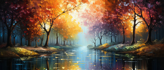 Beautiful autumn landscape with lake and trees in the forest. Digital oil color painting illustration.