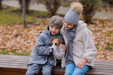 Fototapeta premium Brother and sister sit in an embrace with a dog on a bench for a walk in the autumn park. Boy, girl and jack russell terrier. 