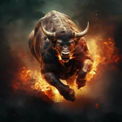 Zelfklevend Fotobehang Burning bull in the fire © Virtual Art Studio