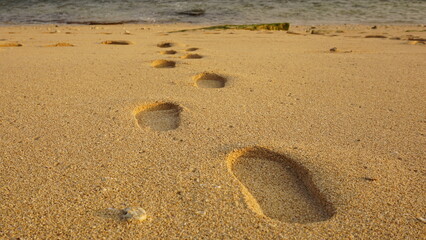 Fototapeta na wymiar sea ​​sand sky and summer day, yellow sand background and sea with bokeh