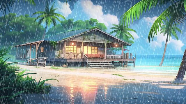 Beachfront, midday, beach hut, rainy, anime animation
