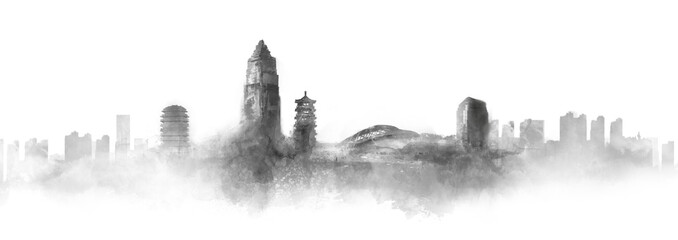 Background illustration of landmark buildings in Zibo