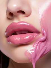 the person is looking at her lip and using lip gloss, ai generated.