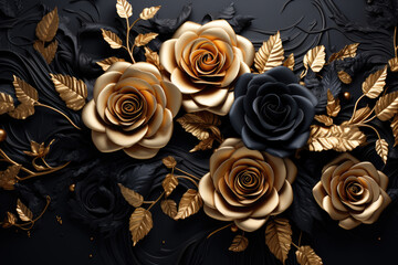 black roses, gold leaves, in style black and gold, ai generated.