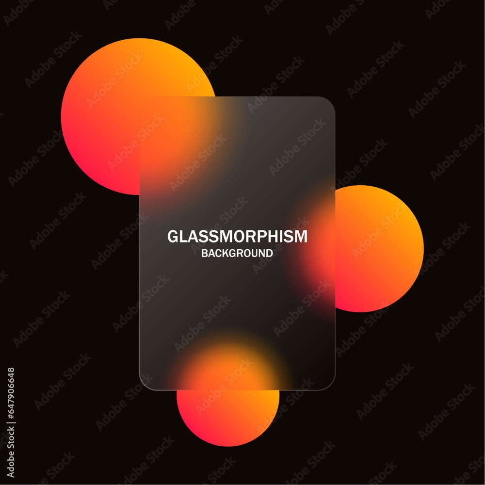 Poster glassmorphism background banner with transparent glass frame template . Realistic Frosted glass morphism effect with blurred abstract gradient orange circle shapes. Vector illustration