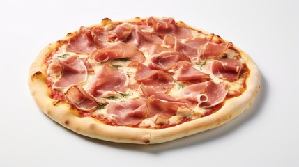 Craft a realistic shot of a thin-crust prosciutto pizza, isolated on a pure white surface.