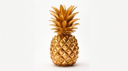 Craft an image of a luscious, tropical pineapple with its intricate texture and golden color shining brilliantly on an isolated white background.