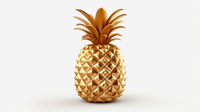 Craft an image of a luscious, tropical pineapple with its intricate texture and golden color shining brilliantly on an isolated white background.