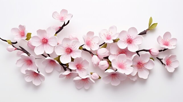 Craft an image showcasing the intricate details of a cluster of cherry blossoms on an isolated white backdrop.