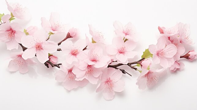Craft an image showcasing the intricate details of a cluster of cherry blossoms on an isolated white backdrop.
