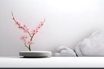 Japanese style architect stone podium cosmetics with Sakura flower a branch background, For branding and product display presentation, 3d Empty minimal stage identity and packaging design, ai generate