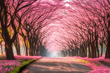 Beautiful blooming pink flower fall on ground Romantic tree tunnel in the morning