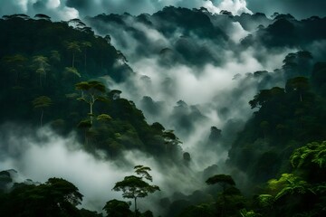 Mystic cloud formation in rainforest during monsoon wet season with treetops sticking out of abundant woods on a mountain slope. Climate change and natural phenomenon concept