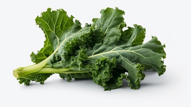 Generate a lifelike picture of a bundle of green kale leaves on an isolated white surface.
