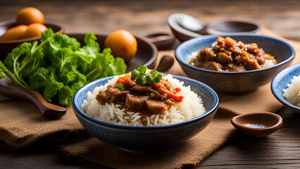 Fototapeta premium close up of stewed pork over cooked rice in Taiwan