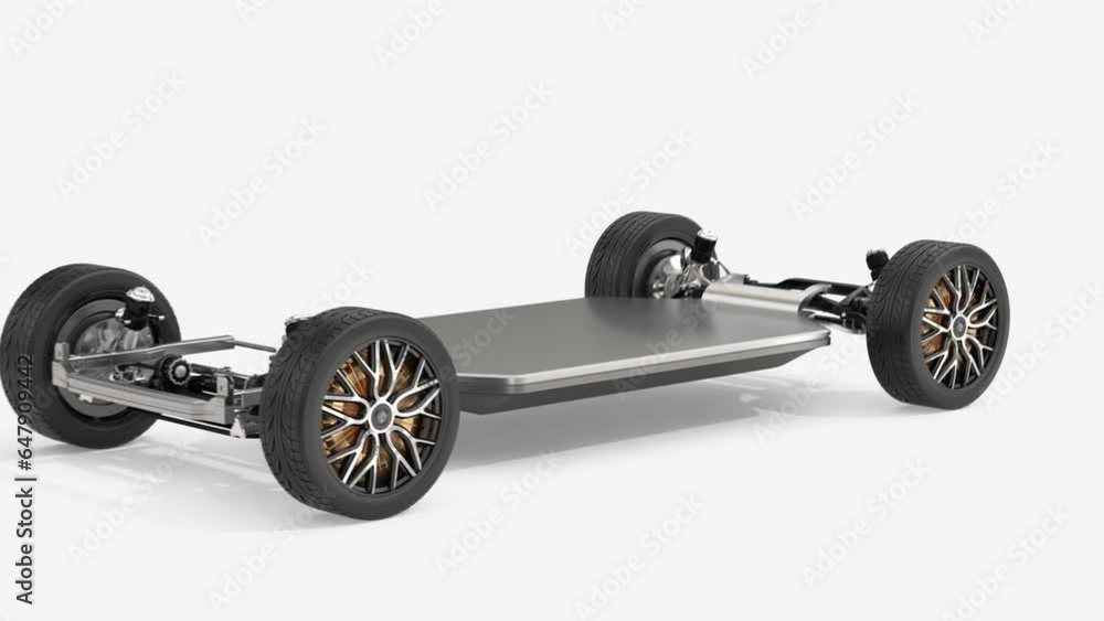 Poster exploded view of electric vehicle chassis equipped with in-wheel motors on white background. isometr