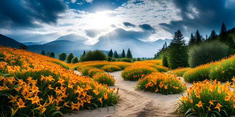 Travel to Flower field of beautiful orange daylily in Taimali Kinchen Mountain in Taitung of Taiwan - 647909440