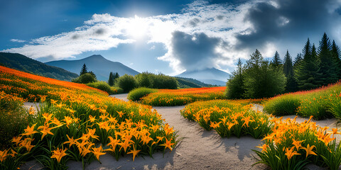 Travel to Flower field of beautiful orange daylily in Taimali Kinchen Mountain in Taitung of Taiwan