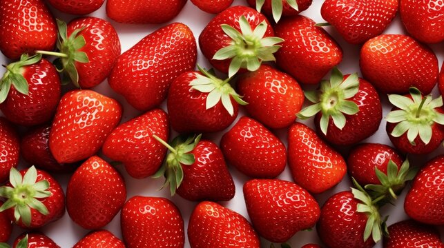 Generate a visually appealing image of a cluster of ripe strawberries, their rich red color popping against a white background.