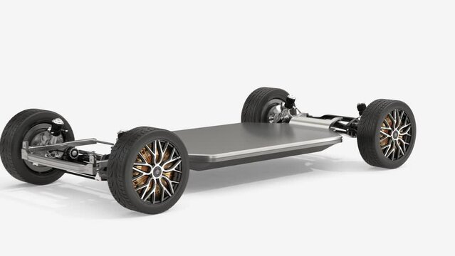 Exploded view of Electric Vehicle Chassis equipped with In-Wheel Motors on white background. Isometric view. 3D rendering animation.