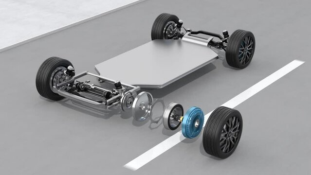 Exploded view of Electric Vehicle Chassis equipped with In-Wheel Motors moving on the road. Generic design. 3D rendering animation.