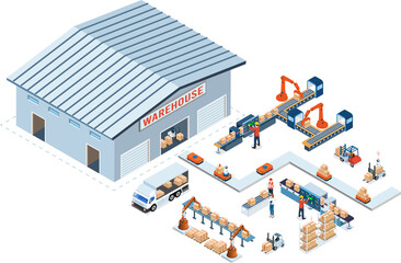 Smart Warehouse Technology and Automated Warehouse Robots Concept with Industry 4.0, Transportation forklift and Autonomous Robot Transportation operation service.