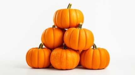 Produce a lifelike representation of a stack of orange pumpkins on a white isolated canvas.