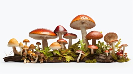 Produce a realistic image of a group of assorted mushrooms on an isolated white backdrop. - Powered by Adobe