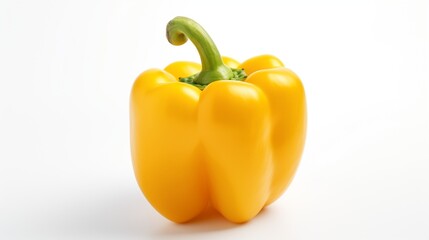 Produce an image of a perfectly symmetrical yellow bell pepper on an isolated white surface.