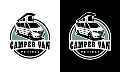 RV recreational vehicle badge design. Camper van motorhome vector emblem