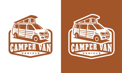 RV recreational vehicle badge design. Camper van motorhome vector emblem