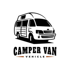 RV recreational vehicle badge design. Camper van motorhome vector emblem