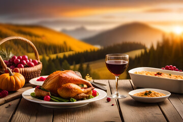 thanksgiving celebration traditional dinner meal setting, festive food and symbols on beautiful autumn background